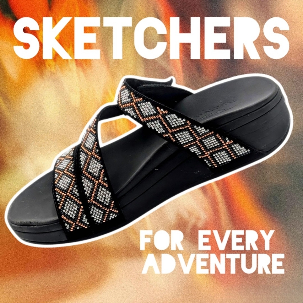 Skechers Black Sandals with White and Brown Accents
